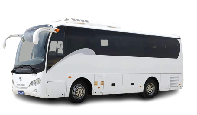 A pristine 35-seater luxury coach from Bus Hire Saudi, featuring a gleaming white finish, dark tinted windows for privacy, and a contemporary design that offers a blend of comfort and style for group travel in Saudi Arabia.